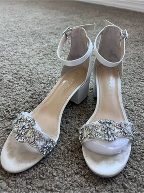 Betsey Johnson Ivory Crystal-Embellished Block Heel Sandals